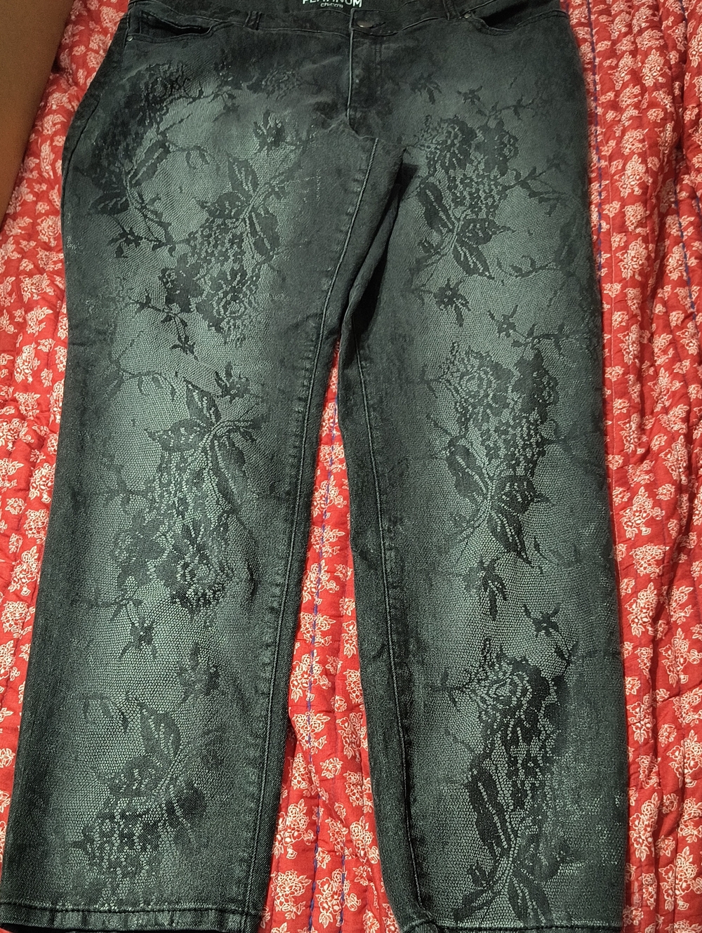 Chico's Platinum Black Lace-Print Straight Leg Pants, Size 2.5